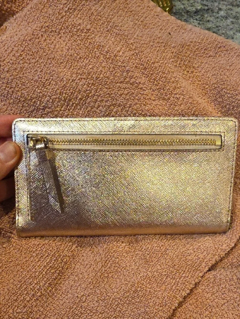 kate spade metallic champagne zip-around continental wallet